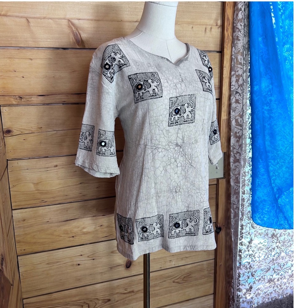 Vintage Cotton Blouse Womens Small Gray Elephant Block Print Boho Tunic Cosmos